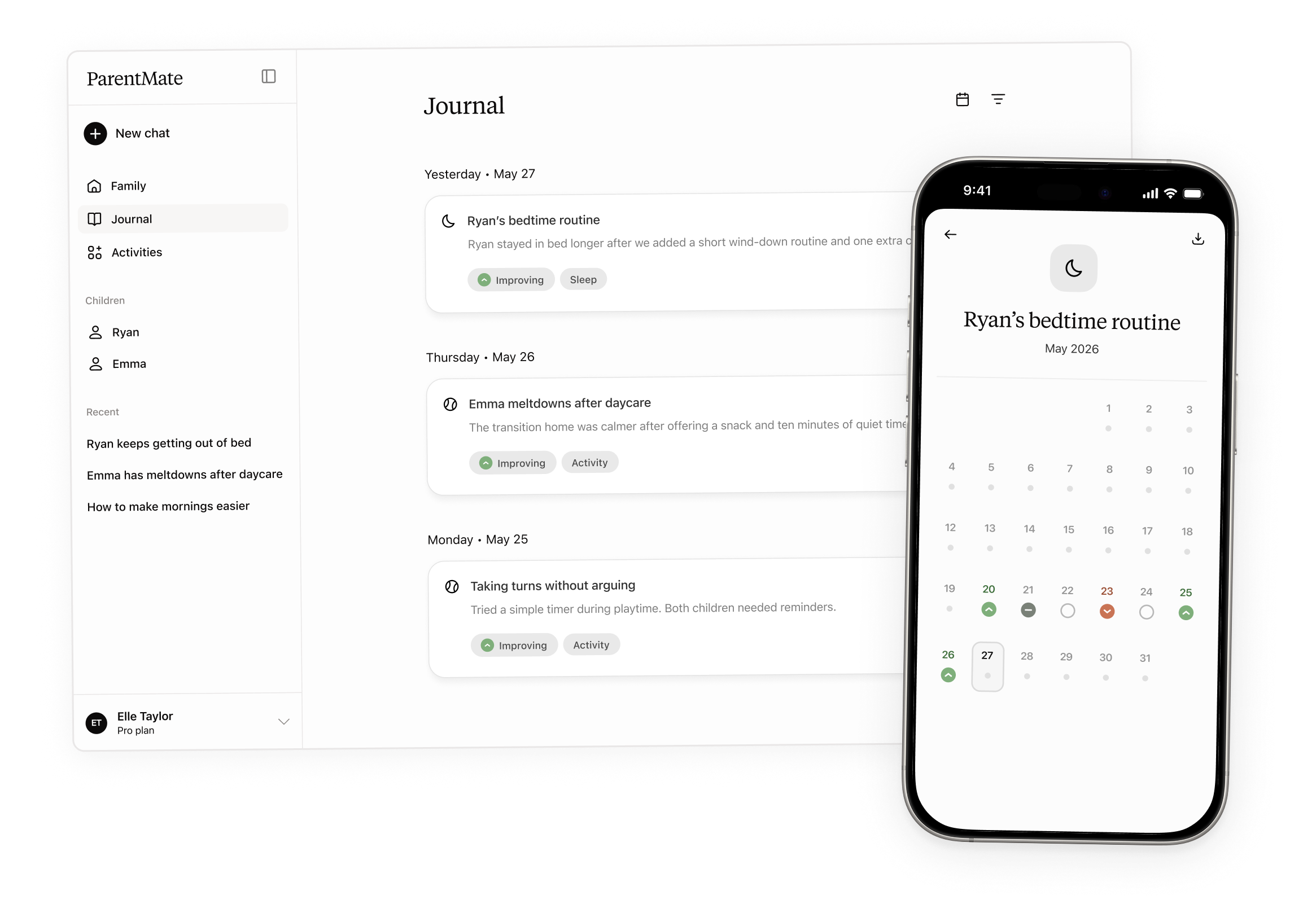 ParentMate Journal showing saved plans, progress tags, and a calendar of what helped over time